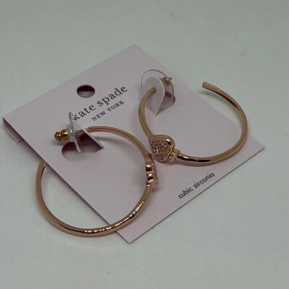 NEW Kate Spade Rose Gold Tone Pave Everyday Spade Hoop Earrings CZ Dust Bag Gift